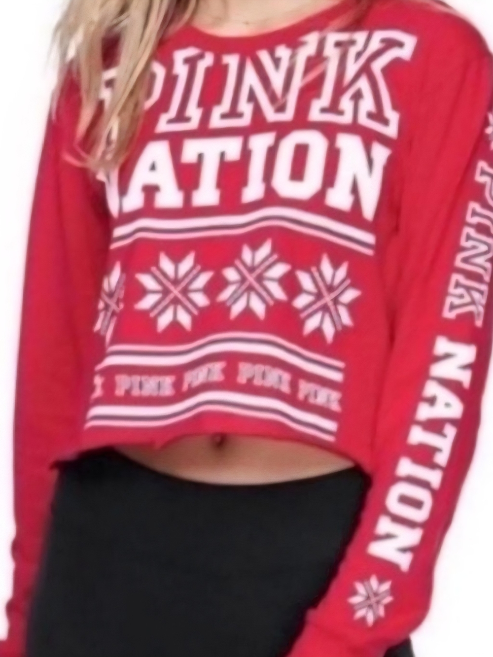PINK Victoria's Secret Red Logo Crop Sweatshirt Snowflakes Small